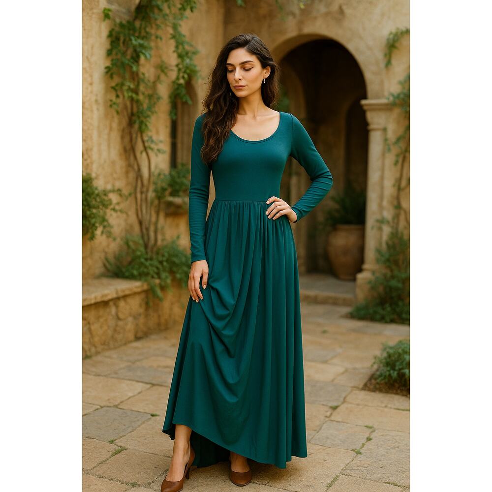 Ioanna Kourbela Long Teal Dress – Greek Designer, Adjustable Skirt